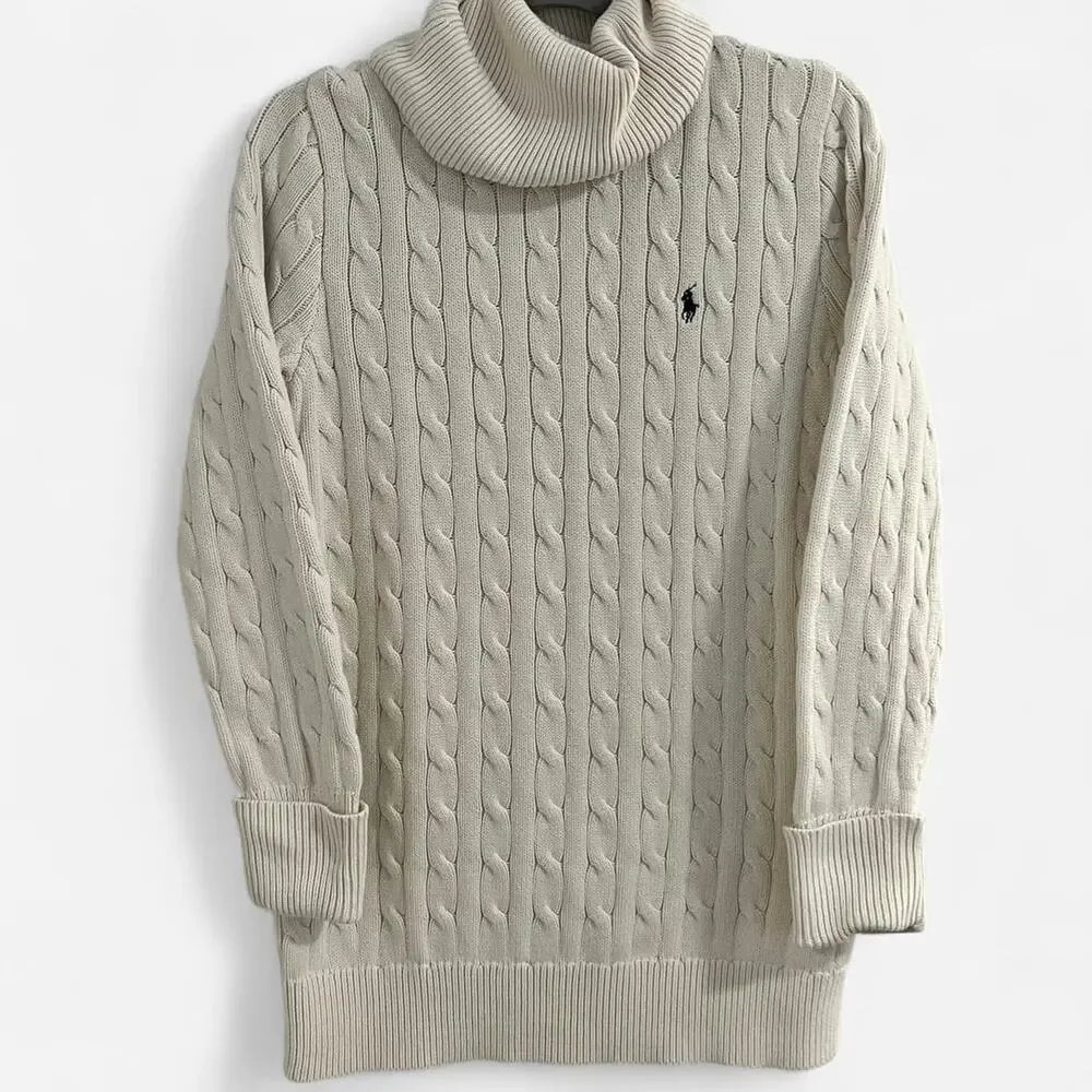 Vintage Polo Ralph Lauren Sport Cream Turtleneck Cable Knit Sweater - Picture 1 of 8